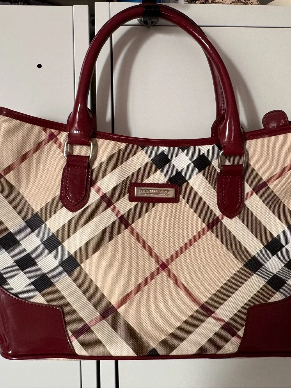 Burberry Beige Plaid Tote with Burgundy Leather Trim